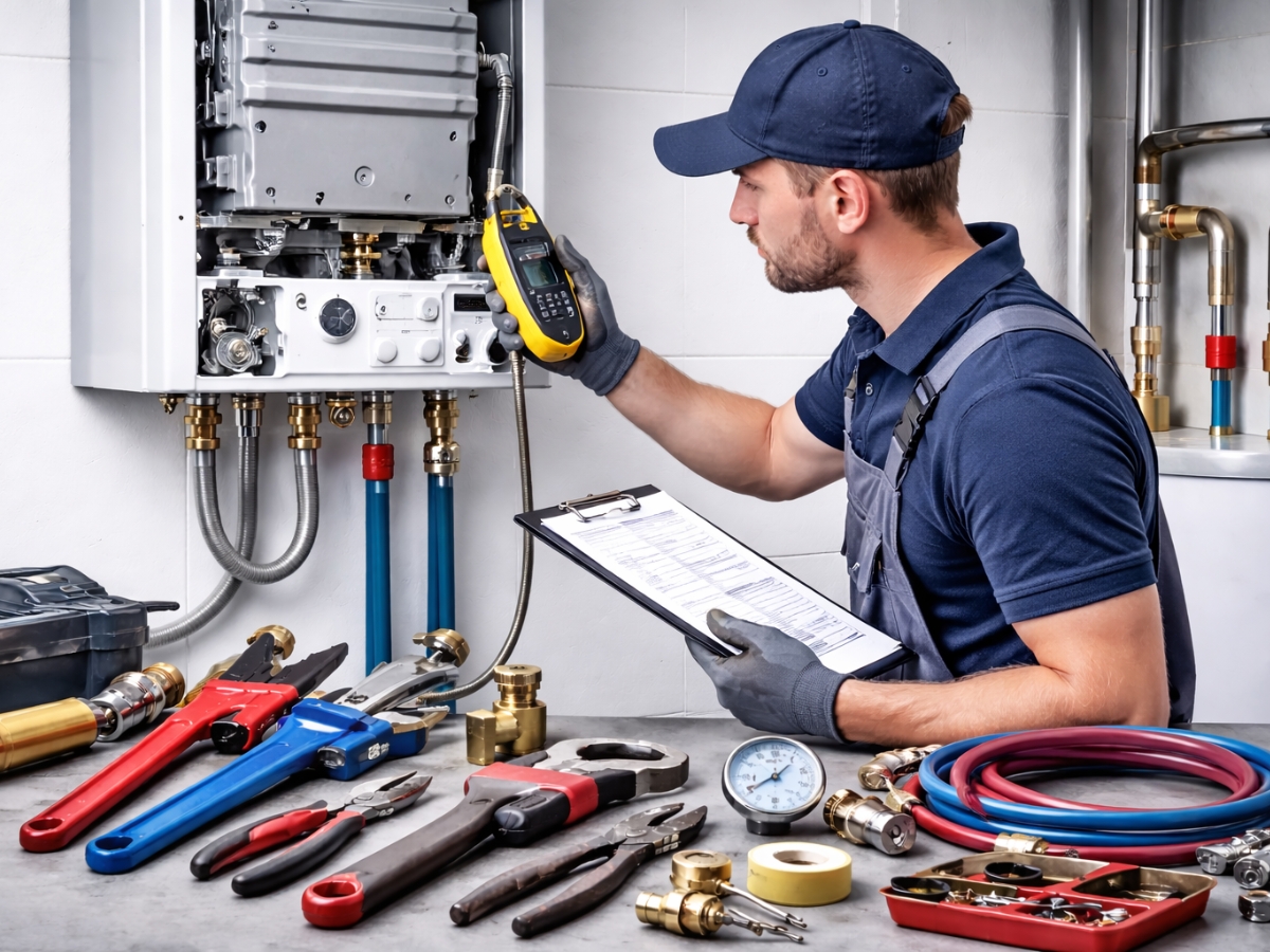 Engineer performing a boiler safety inspection