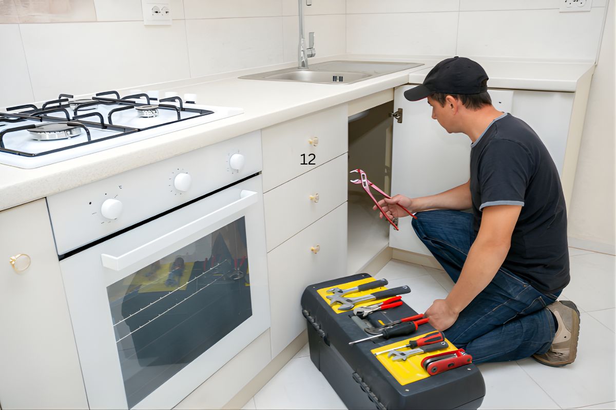Kitchen plumbing repair with fittings and tools