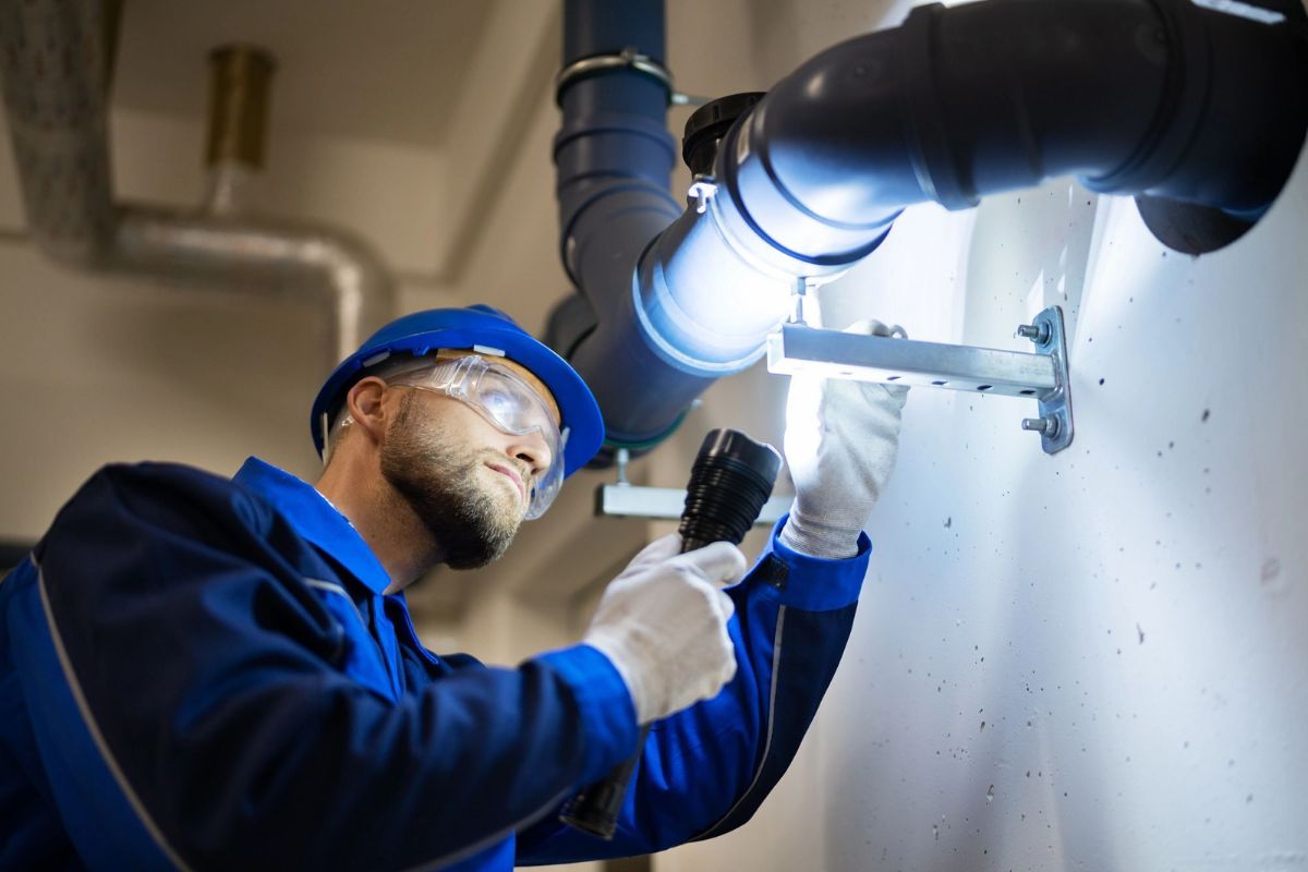 Boiler safety check with engineer verifying connections and ventilation