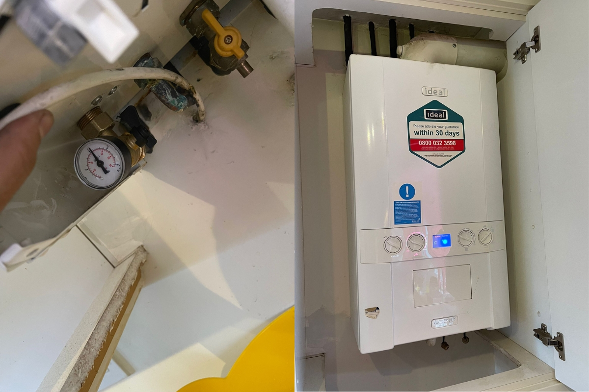 Annual boiler servicing with inspection tools and cleaning